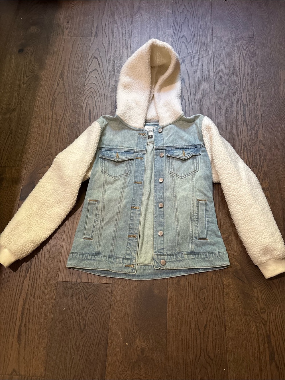 Light Wash Denim Jacket with Cream Sherpa Hood & Sleeves
